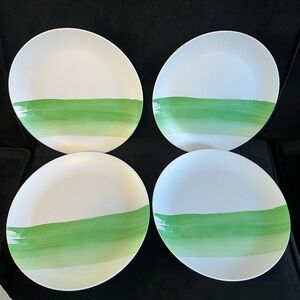 Set/4 Rachel Roy White Melamine 11” Dinner plates Green Watercolor ombré NWOT